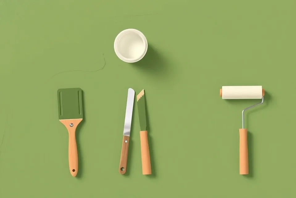 Outils de peinture disposés dans l'ordre des étapes du chantier