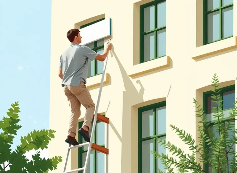 Peintre sur échafaudage traitant la façade d'une maison